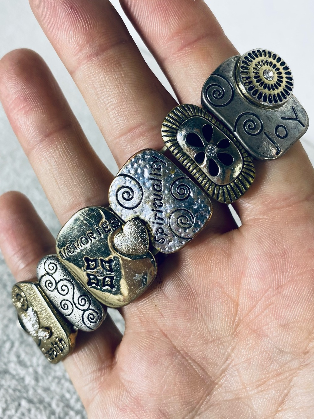 Vintage Joy Spirituality Memories Mixed Metal Panel Stretch Chunky Bracelet